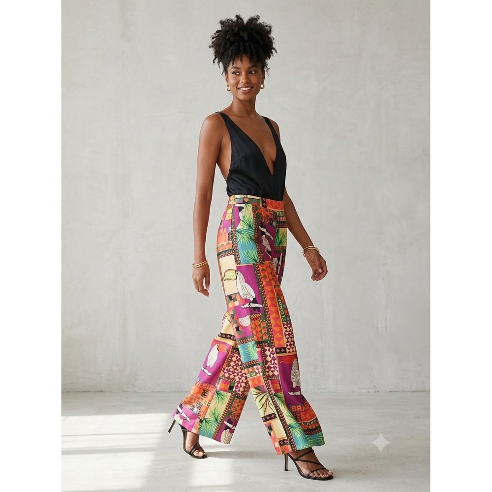 Wide Leg Patchwork Print Pants - Multicolor